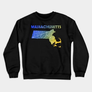 Colorful mandala art map of Massachusetts with text in blue and yellow Crewneck Sweatshirt